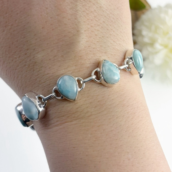 Sterling Silver 925 Larimar Bracelet Pear Handmade New Boho Southwest Blue - Picture 3 of 6